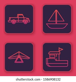 Set line Pickup truck, Hang glider, Yacht sailboat or sailing ship and Fishing boat. Blue square button. Vector