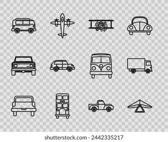 Set line Pickup truck, Hang glider, Old retro vintage plane, Double decker bus, Retro minivan, Hatchback car,  and Delivery cargo vehicle icon. Vector