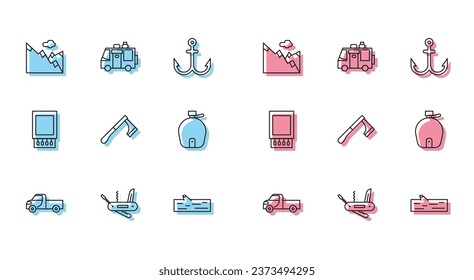 Set line Pickup truck, Swiss army knife, Mountains, Wooden log, axe, Canteen water bottle, Open matchbox and matches and Rv Camping trailer icon. Vector