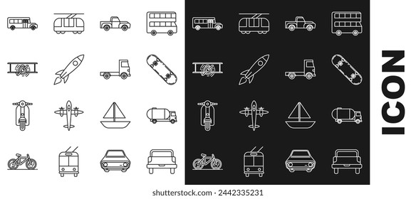 Set line Pickup truck, Tanker, Skateboard, Rocket ship with fire, Old retro vintage plane, School Bus and Delivery cargo vehicle icon. Vector