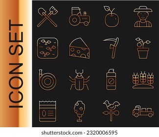 Set line Pickup truck, Wheat, Plant in pot, Apple, Cheese, Shovel and Scythe icon. Vector