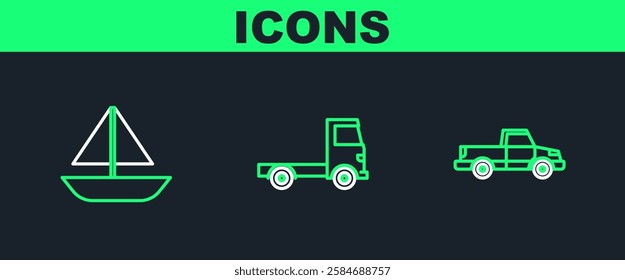 Set line Pickup truck, Yacht sailboat or sailing ship and Delivery cargo vehicle icon. Vector