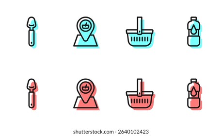 Set line Picnic basket, Spoon, location and Bottle of water icon. Vector