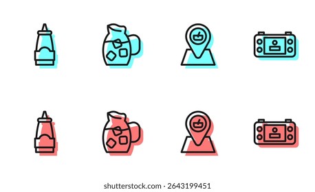 Set line Picnic location, Sauce bottle, Jug glass with water and Portable video game console icon. Vector