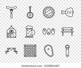 Fijar la mesa de picnic con bancos, abrebotellas, gorro, servilleta de cuadros, salchicha en la horquilla, tazón de cerveza de madera, carne de filete e icono del banco. Vector