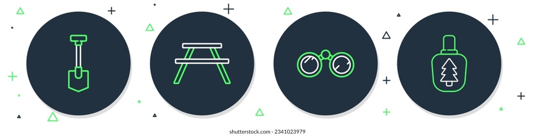 Fijar la mesa Picnic con bancos, Binoculares, Shovel y el icono de botella de agua Canteen. Vector