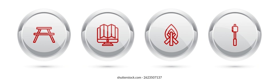 Set line Picnic table with benches, Location of the forest in monitor, Campfire and Marshmallow stick. Silver circle button. Vector