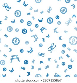 Set line Picnic table with benches, Kayak or canoe and Compass on seamless pattern. Vector