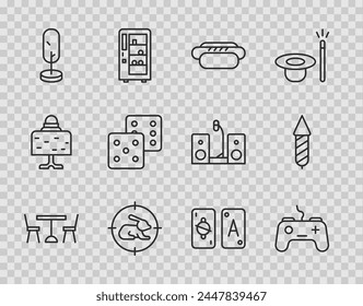 Set line Picnic table with chairs, Gamepad, Hotdog, Hunt on rabbit crosshairs, Tree, dice, Tarot cards and Firework rocket icon. Vector