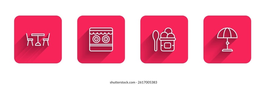 Set line Picnic table with chairs, Shooting gallery, Ice cream bowl and Sun protective umbrella with long shadow. Red square button. Vector
