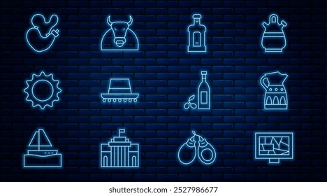 Set line Picture art, Sangria pitcher, Orujo, Spanish hat, Sun, wineskin, Bottle of olive oil and Bull icon. Vector