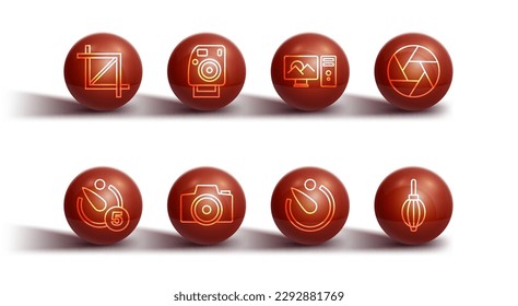 Set line Picture crop photo, Camera timer, shutter, Photo camera, Dust blower and retouching icon. Vector