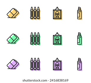 Set line Picture, Eraser or rubber, Wax crayons for drawing and Marker pen icon. Vector