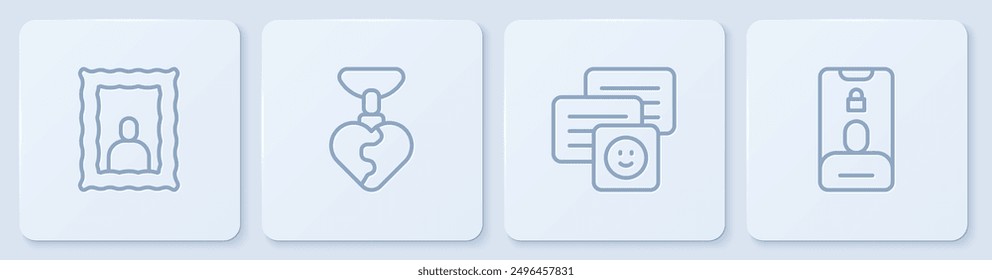 Marco de imagen de línea, mensajes de chat en la computadora portátil, collar con forma de corazón y llamada entrante móvil. Botón cuadrado blanco. Vector