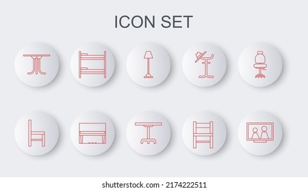 Set line Picture frame on table, Chair, Floor lamp, Round, Bunk bed, Grand piano and  icon. Vector