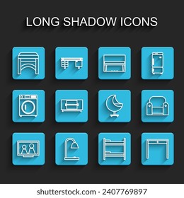 Set line Picture frame on table, Table lamp, Chair, Bunk bed, Wooden, TV stand, Armchair and  icon. Vector