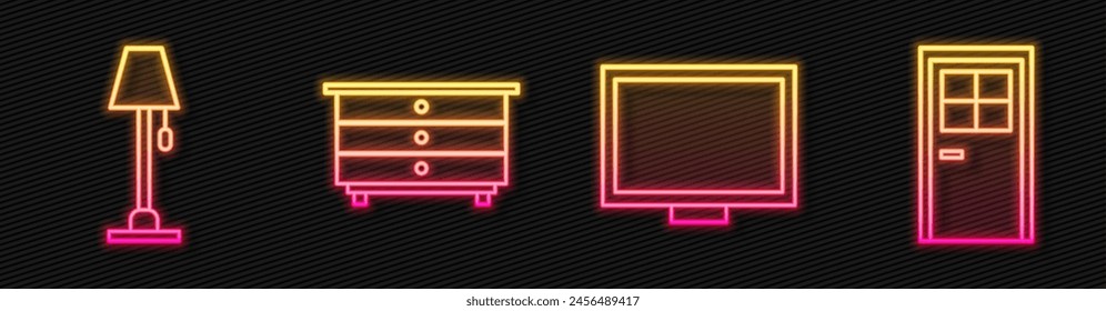 Set line Picture frame on table, Floor lamp, Chest of drawers and Closed door. Glowing neon icon. Vector