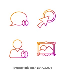 Set line Picture landscape, Add to friend, Speech bubble chat and Arrow cursor. Gradient color icons. Vector