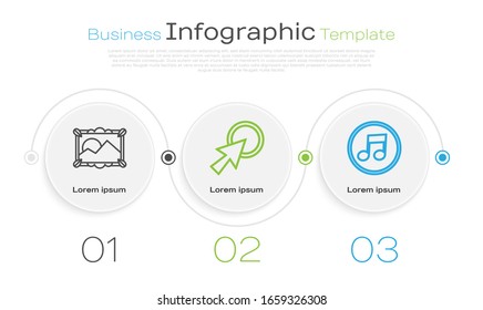 Set line Picture landscape, Arrow cursor and Music note, tone. Business infographic template. Vector