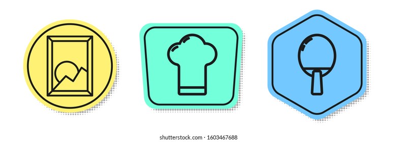 Set line Picture landscape, Chef hat and Racket for playing table tennis. Colored shapes. Vector