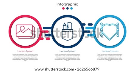 Set line Picture landscape, Crossed ruler and pencil and Heart with Bezier curve. Business infographic template. Vector