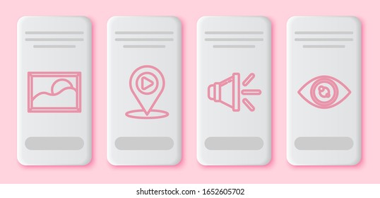Set line Picture landscape, Digital media play with location, Speaker volume and Eye. White rectangle button. Vector