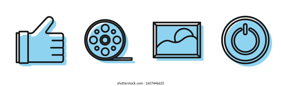 Set line Picture landscape, Hand like, Film reel and Power button icon. Vector