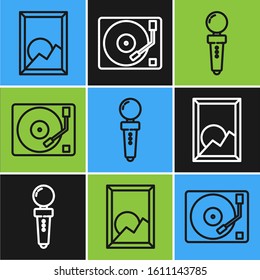 Set line Picture landscape, Joystick for arcade machine and Vinyl player with a vinyl disk icon. Vector