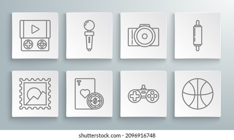 Set line Picture landscape, Joystick for arcade machine, Casino chip playing cards, Gamepad, Basketball ball, Photo camera, Rolling pin and Portable video game console icon. Vector