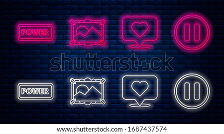 Set line Picture landscape, Like and heart, Power button and Pause button. Glowing neon icon on brick wall. Vector
