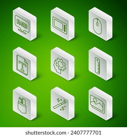 Set line Picture landscape, Magic wand, Speech bubble with RGB CMYK, Human head gear inside, Text file document, Graphic tablet, Crossed ruler pencil and Ruler icon. Vector
