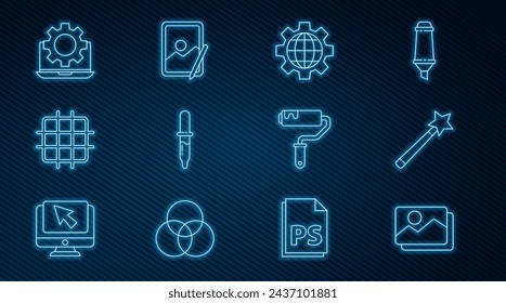Set line Picture landscape, Magic wand, Globe of the Earth gear, Pipette, Grid graph paper, Laptop, Paint roller brush and Graphic tablet icon. Vector