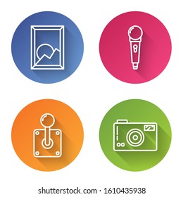 Set line Picture landscape, Microphone, Joystick for arcade machine and Photo camera. Color circle button. Vector
