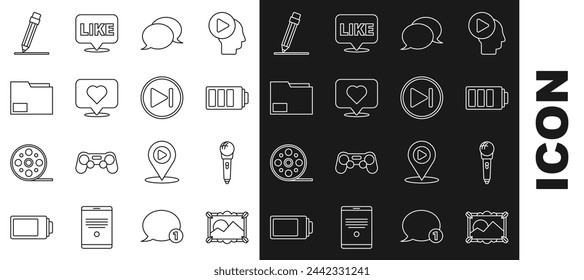 Set line Picture landscape, Microphone, Battery charge level indicator, Speech bubble chat, Like heart, Document folder, Pencil with eraser and Fast forward icon. Vector