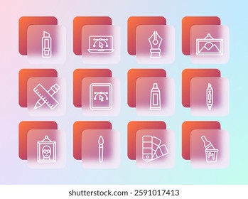 Set line Picture landscape, Paint brush, Tube with paint palette, Color guide, Computer design program, Fountain pen nib, Stationery knife and  icon. Vector