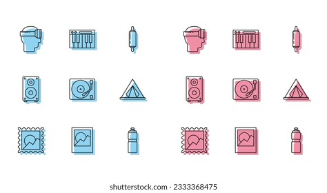 Set line Picture landscape, Photo frames, Virtual reality glasses, Fitness shaker, Vinyl player with vinyl disk, Tourist tent, Stereo speaker and Music synthesizer icon. Vector