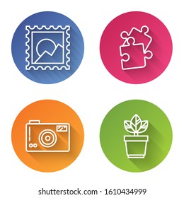 Set line Picture landscape, Piece of puzzle, Photo camera and Flowers in pot. Color circle button. Vector