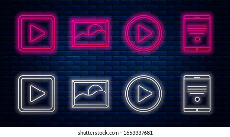 Set line Picture landscape, Play in circle, Play in square and Tablet. Glowing neon icon on brick wall. Vector