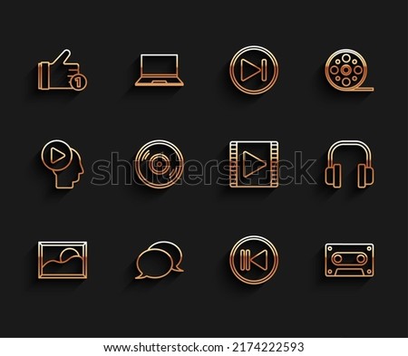 Set line Picture landscape, Speech bubble chat, Hand like, Rewind, Retro audio cassette tape, Vinyl disk, Headphones and Play Video icon. Vector