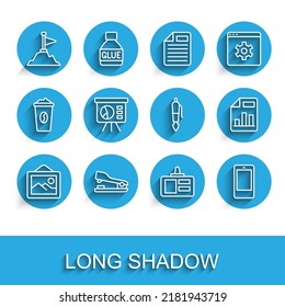 Set line Picture landscape, Stapler, Mountains with flag on top, Identification badge, Mobile phone, Board graph, Document chart and Fountain pen nib icon. Vector