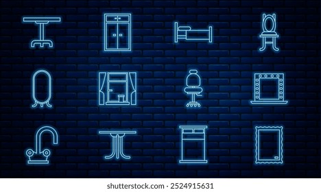 Set line Picture, Makeup mirror with lights, Bed, Window curtains, Big full length, Round table, Office chair and Wardrobe icon. Vector