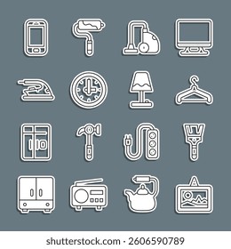 Set line Picture, Paint brush, Hanger wardrobe, Vacuum cleaner, Clock, Electric iron, Mobile phone and Table lamp icon. Vector