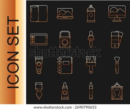 Set line Picture, Paint brush, Palette, spray can, bucket, Graphic tablet, Paper towel roll and Pipette icon. Vector