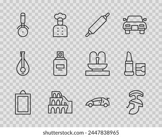 Set line Picture, Roman army helmet, Rolling pin, Coliseum Rome, Pizza knife, Perfume, Sport racing car and Lipstick icon. Vector