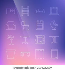 Set line Picture, Round table, Armchair, Sofa, Toilet bowl, Office desk and Oven icon. Vector