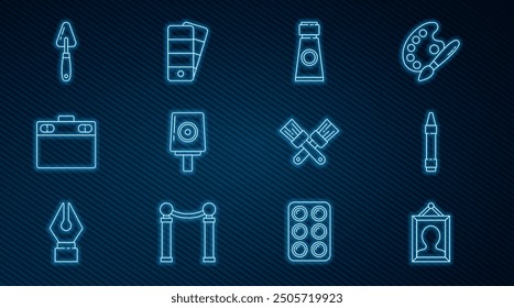 Set line Picture, Wax crayons for drawing, Tube with paint palette, Spray can nozzle cap, Graphic tablet, Palette knife, Crossed brush and  icon. Vector