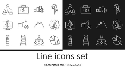 Set line Pie chart and dollar, Startup project concept, Financial growth, Project team base, Mountains with flag and Briefcase money icon. Vector