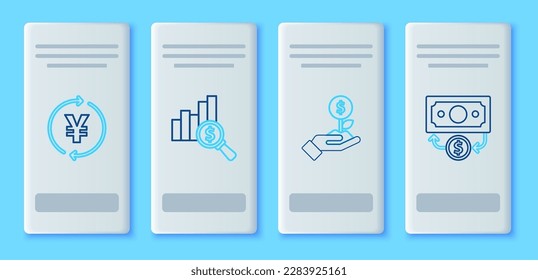 Fijar el gráfico circular y el dólar, la planta en dólares, el dinero en moneda con yenes y el icono de caja en papel Stacks. Vector
