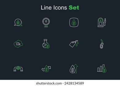 Set line Pie chart and dollar, Oil price increase, pipe with valve, Gasoline pump nozzle, Canister for motor machine oil, petrol test tube and CO2 emissions cloud icon. Vector