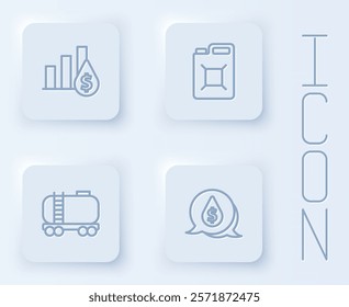 Set line Pie chart and dollar, Canister for gasoline, Oil railway cistern and drop with symbol. White square button. Vector